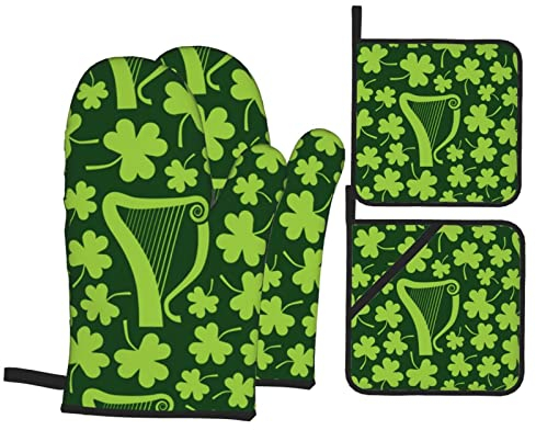 Ofenhandschuhe Topflappen 4Er Set, Grüne Irische Harfen Shamrocks Grillhandschuhe Küchendekoration Topfhandschuhe Wasserfeste Ofenhandschuhe Kitchen, Für Küche, Backen, Mikrowelle