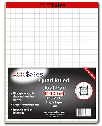 AUKSales Millimeterpapierblock, Briefgröße 21,6 x 27,9 cm, 100 Blatt, 1 Packung, vierfach liniert, Doppelblock, ¼ Quad-Raster-Papierblock für Schule, Uni, Bürobedarf, Briefschreiben, Notiznotizen