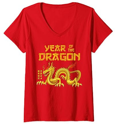 Femme Année du dragon 2024 Zodiaque Nouvel An chinois 2024 T-Shirt avec Col en V