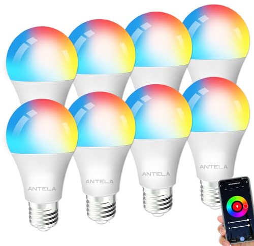 ANTELA Bombilla LED Inteligente WiFi 10W/806 LM/E27 | Compatible Alexa y Google Home, Bombilla RGB 16 Millones de Colores Luz Fría/Cálida 2700K-6500K, Sin Necesidad de Hub,8pc