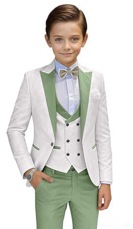 Boys Suit Jacquard Sage Green Suits for Boys Slim Fit Tuxedo Suits Set Peak Lapel 3 Piece Formal Wedding Boy Dress Clothes Size 6