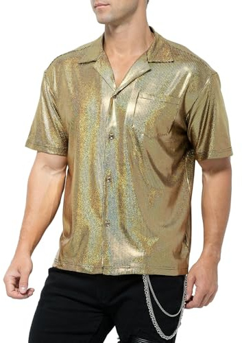 Casey Kevin Herren Glitzer Hemd Metallic Glänzend Nachtklub Party Pailletten Kleid Shirts Nachtclub-Stil Top Freizeithemd 70s Disco Party Kostüm