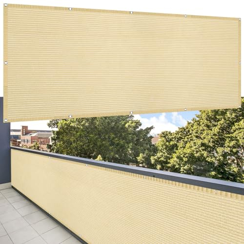 Balkon Sichtschutz Ohne Bohren 180 x 600 cm Blickdichte Wind Uv-Schutz Balkonverkleidung Sichtschutzzaun Reißfest, mit Ösen Kabelbinder Sichtschutz für Balkon Terrasse, Creme Farben