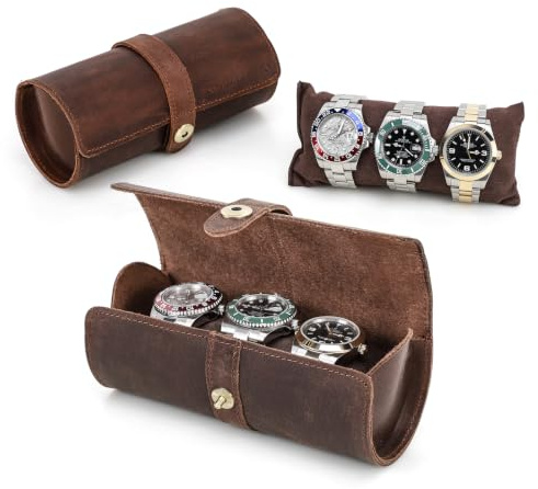 CONTACT'S FAMILY Caja de almacenamiento de cuero para reloj, funda enrollable de cuero genuino para 3 relojes, organizador de relojes fácil de transportar (café)