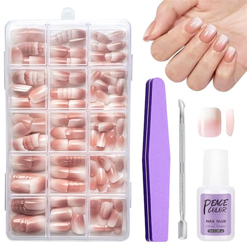 False Nail Tips Kit - 240pcs Nude White Gradient False Nail Tips - 15 Sizes French Tip Fake Nails with Glue - Square Stick on Nails for Women - Soak Off Acrylic Nails for Nail Extensions DIY