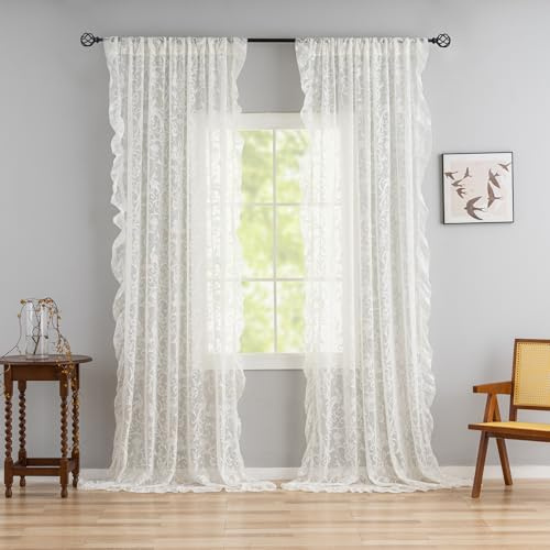 TUDECO Spitzen-Vorhänge, 244 cm lang, Antik mit Blumenmuster, durchscheinend, Bestickt, rustikal, Rüschenvorhänge für Esszimmer, Stangentasche, Privatsphäre, französisches Deko, 1 Paar, 140 x 244 cm