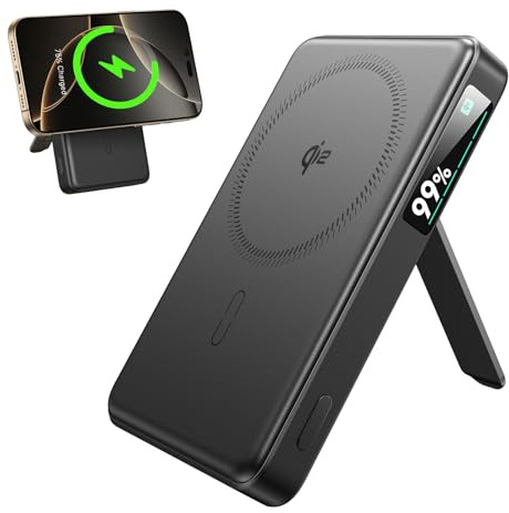 ESR Pack de Batterie MagSafe Certifié 15 W, Chargeur Portable à Charge Rapide 10 000 mAh 15 W avec Béquille, Batterie Externe à Ecran LED Intelligent, Câble USB-C pour iPhone 17/16/15/14/13/12, Noir