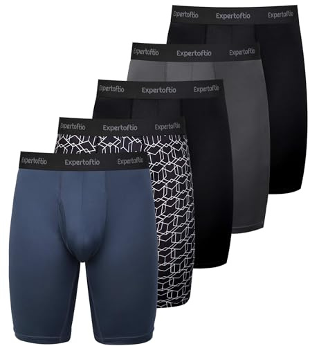 Expertoftio Men's Underwear 9 Inch Long Leg Boxer Briefs for Men, Performance, Moisture Wicking Pack of 5, Anting Chafing, Fly, Blue Pattern,2X