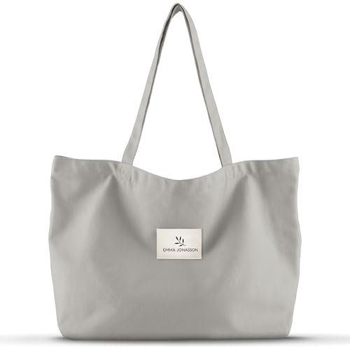 Emma Jonasson Einkaufstasche mit Reißverschluss - Große Tasche Damen - Tote Bag mit Innentasche - Perfekter Shopper groß als Strandtasche, xxl Badetasche, Shopping bag grau