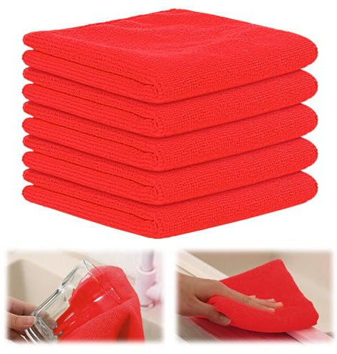 GJV Lot de 5 chiffons de nettoyage en microfibre super doux, super absorbants et non pelucheux réutilisables, 30 x 30 cm (rouge)