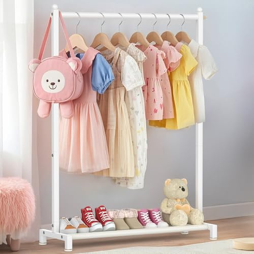 Livilord Appendiabiti per bambini con scaffale inferiore di stoccaggio, appendiabiti in metallo per vestiti dei bambini, appendiabiti autoportante per appendere vestiti, bianco