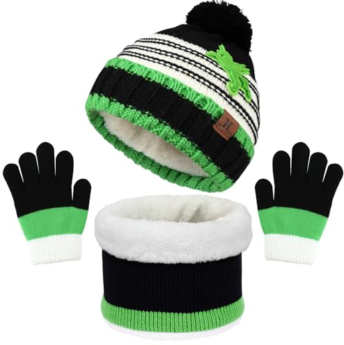 AYPOW 3 en 1 Ensemble Bonnet Echarpe Gants Hiver pour enfants de 4 à 8 ans, Ensembles de Accessoires d'hiver Tricotés Bonnet Tour de Cou Chaud Doublés de Polaire épaisse pour Enfants Garçons Filles