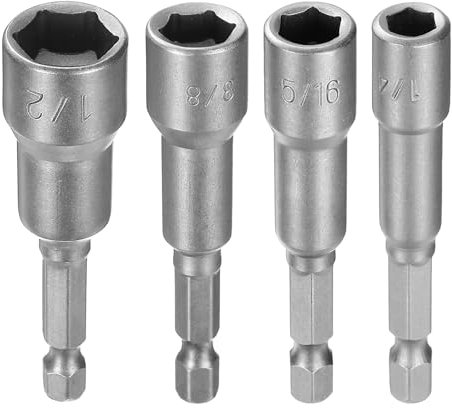 sourcing map 1set(4pcs) Hex Nut Driver Drill Bit 1/4,5/16,3/8,1/2 6-Points Socket 1/4 Hex Shank Nut Setter CR-V Steel Quick-Change Nut for Power Drills Impact Drivers, Silver Tone