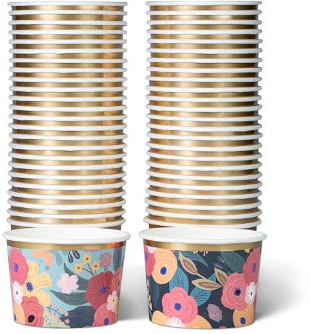 Paper Ice Cream Tubs and Soup Bowls, 50-Count 266ml, Sunlit Meadow & Midnight Petals Floral Designs, Hot/Cold Paper Snack Cups, Disposable Ice Cream Cups, Soup Bowls
