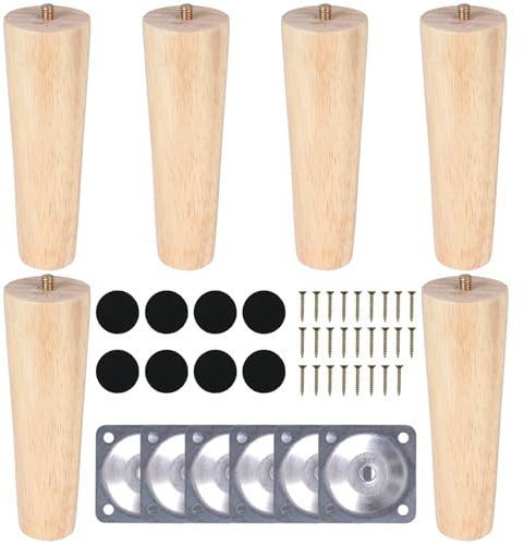 COEWUR 6 Pezzi Piedini per Mobili in Legno 15cm Massello Gambe per Mobili con Piastra di Montaggio Feltrini Viti Piedini per Letto Divano Armadio Poltrona