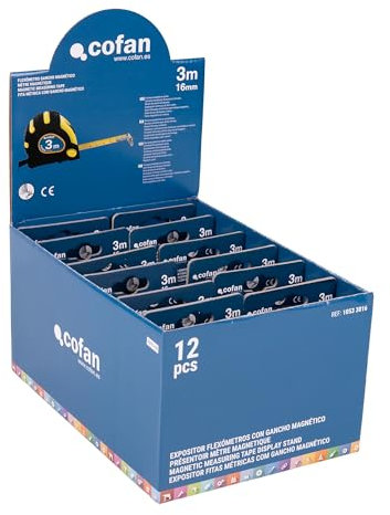 Cofan Cofan - Espositore per flessometri magnetici | Include 12 flessometri | Flexometro da 3 m x 16 mm (foglia) | Misura espositore: 26,6 x 17,8 x 13,5 cm