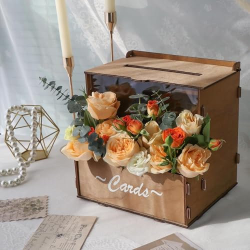 Fayavoo Wedding Card Box with Flower Trough, Wooden Wedding Post Box for Cards with Acrylic Window, Money Gift Box for Reception, Rustic Graduation, Baby Showers Party Decor (Brown