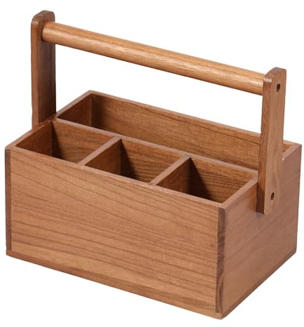 Wood Silverware Caddy with Handle, 4 Compartments Utensil Holder Kitchen Cutlery Holder, Multipurpose Organizer for Farmhouse Kitchen Decor, Countertop Organizer and Cookware Storage 9.05x5.9x4.52inch