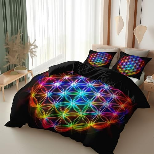 Srigzcaly Bettwäsche 135x200 cm Schwarz, Bettwäsche-Set Blume des Lebens Regenbogen Lichtkunst, Microfaser Bettbezug bügelfrei & weich - Wendebettwäsche und Kissenbezug mit Reißverschluss