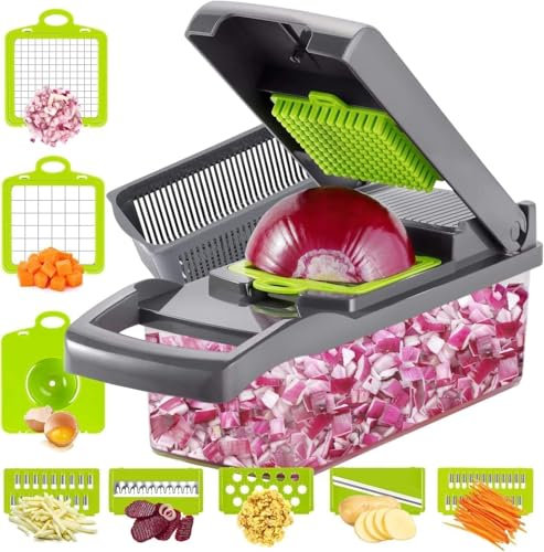 WSTELHH Vegetable Chopper Cutter Slicer Cheese Grater - Food Onion Salad Veggie Chopper with Container - French Fry Potato Dicer Slicer Cutter - Kitchen Tools Gadgets Grey