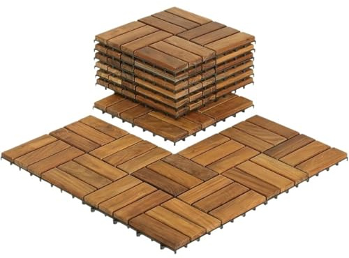 UBOHUZ Dalles De Terrasse en Composite Lot de 10 Dalles de Sol emboîtables en Teck Massif, 30,5 x 30,5 cm, Marron, 8 Coins