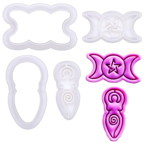 BAKERLOGY Mini Spiral Goddess and Triple Moon Cookie Cutter and Stamp Set (2) – Mysticism and Magic Embosser for Cupcake Toppers, Fondant Tool for Moon-Themed Cookies and Feminine Power Cakes