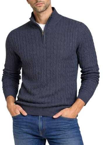Xact Men’s Cotton Rich Cable Knit Quarter Zip Jumper, Regular Fit 1/4 Zip Pullover Sweater, Smart Casual Chunky Knitwear, Classic Zip Neck Jumper (Cable - Navy) M