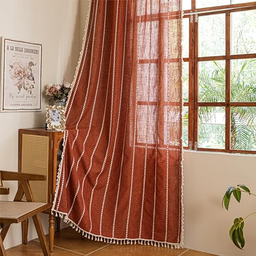 Sutuo Home Boho Window Curtains for Nursery Kid's Room, Burnt Orange Light Filtering Linen Farmhouse Privacy Window Treatment Bohemian Embroidery Strips, Rod Pocket 1 Panel 52 W x 72 L, Terracotta