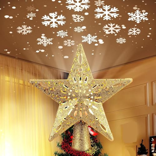 Apritsce Estrella Arbol de Navidad, Topper de árbol de Navidad, Estrella con Proyector LED, 3D Brillo para la Fiesta, Decoraciones de Interior