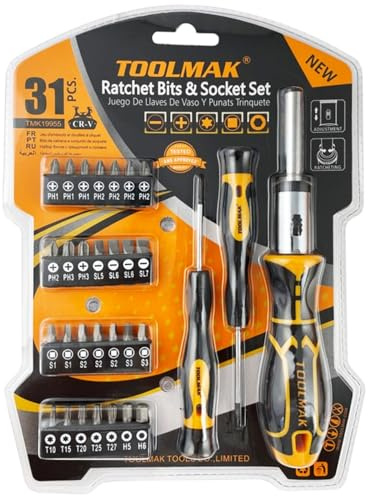 31-Piece Ratchet Screwdriver Bit and Socket Set – Multifunction Precision Tool Kit with Ratchet Handle, Metric Sockets, Hex, Torx, Slotted and Phillips Bits for DIY, Repairs and Assembly