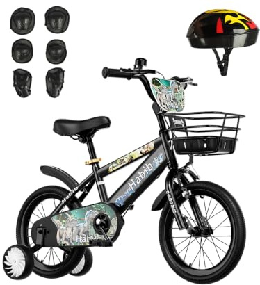 Habib Dino Kinderfahrrad Jungen 12 14 16 Zoll, Helm & 6-TLG. Schutzset | Größe nach Körpergröße: 12 Zoll 85–105, 14 Zoll 100–120, 16 Zoll 115–130 cm – Sattel ab 47 cm