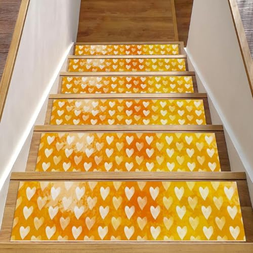 RODAILYCAY Alfombra para peldaños de escalera, corazones amarillos, acuarela, 15 piezas, almohadillas antideslizantes para peldaños de escalera, 8 x 30 pulgadas, para peldaños de madera en interiores