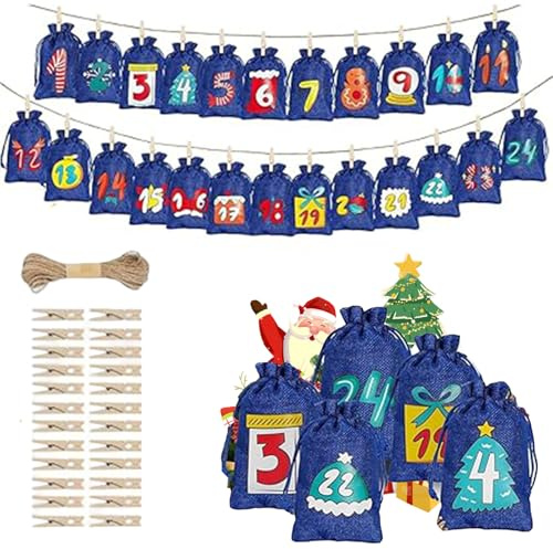 Christmas Advent Calendar Bags 2025, Reusable Small Gift Bags, Empty Advent Calendar To Fill Yourself, Drawstring Candy Bags,hristmas Drawstring Gift Bags for Xmas Tree Door Window Gifts (Blue)