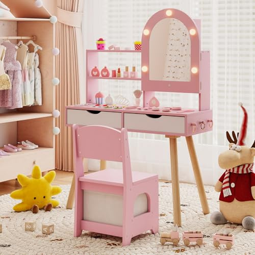 RELAX4LIFE Toeletta Trucco per Bambini con Luci, 3 Colori e Luminosità Regolabile, Set di Tavolo e Sedia con Specchio, Postazione Trucco per Bambini 3+ Anni (Rosa)