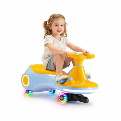 DollarDash Auto a dondolo elettrica per bambini 12V, giocattolo 3-in-1 con pedale, batteria ricaricabile, 3 modalità, anti-ribaltamento, ruote luminose, musica, età 3-8 anni, fino a 70kg, giallo blu