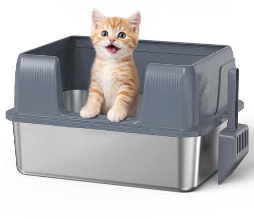SZEE Kleine Edelstahl Katzenklo Quer für Kätzchen, Seiteneinstieg Katzentoilette aus Edelstahl, Leicht zu Reinigen mit Niedrigem Einstieg, Stainless Steel Cat Litter Box with Scoop, 43 × 33× 28 cm