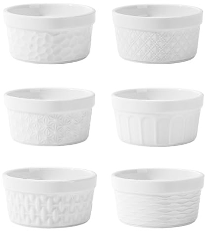 6 stycken 160 ml gräddfärgade Brulee-skålar: 9 × 4,8 cm souffle formar ugnssäker av keramik, stapelbar, diskmaskinssäker, gräddfärgade brulee skålar för desserter, muffins, pajer (vit)