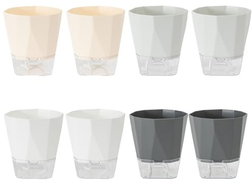 Vilgftyiet Lot de 8 pots de fleurs à auto-arrosage avec réservoir d'eau et corde d'absorption - Pots de fleurs en plastique pour intérieur et extérieur - Blanc/beige/gris clair/gris foncé