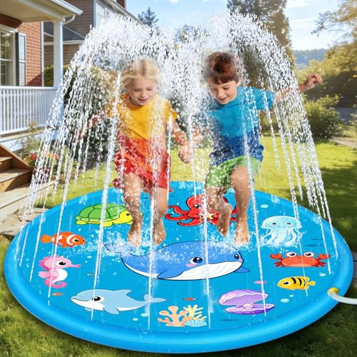 Chennyfun Sommer Sprinkler Wasserspielmatte, Aufblasbar Splash Spielmatte | 68 Großes Runden, Outdoor Sommer Wasserspielzeug für Familie Aktivitäten/Strand/Garten für Jungen,Mädchen,Haustiere