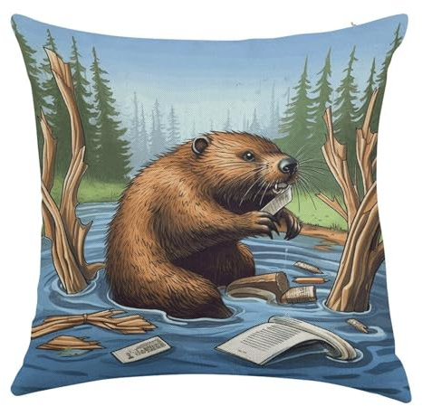 QSKDLAC 20x20 Inch Throw Pillow Covers with Busy Beaver Cartoon Pattern, Imitation Linen Decorative Pillow Cases with Hidden Zipper for Couch Bed Sofa Chair Living Room Indoor Outdoor Decor