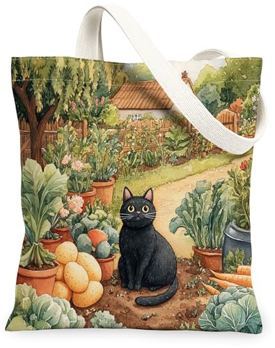 Spring Bombay Cat Gardening Canvas Tote Bag for Shopping 13x15, Kitten Farmhouse Country Reusable Grocery Print Pattern Bag for Women, Planting Aesthetic Painting Gift Decor