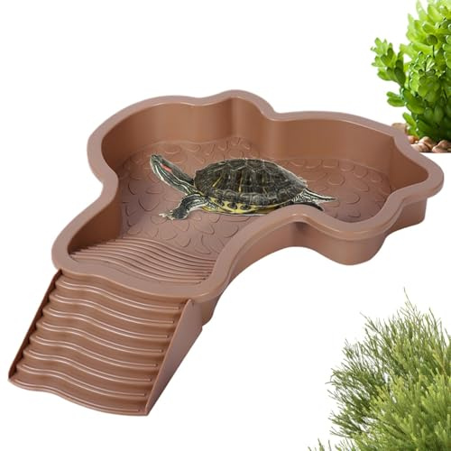 Abreuvoir Tortue Terrestre, Piscine Tortue Terrestre avec Rampe, Bol d'eau pour Reptiles avec Échelle, pour Tortues, Lézards et Gecko (Brun Jaune)