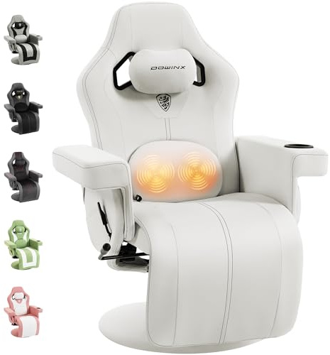 Dowinx Relaxsessel Gaming Sessel mit Shiatsu Massagefunktion, Fernsehsessel mit Liegefunktion 90°–135° und Fußstütze, 360° drehbarer Gaming Stuhl ohne Rollen, Getränkehalter, Seitentaschen, Weiß