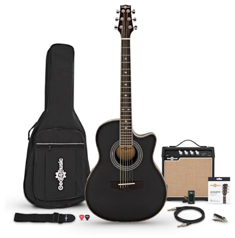 Roundback-Elektroakustikgitarre, Schwarz, im Paket mit 15-Watt-Verstärker