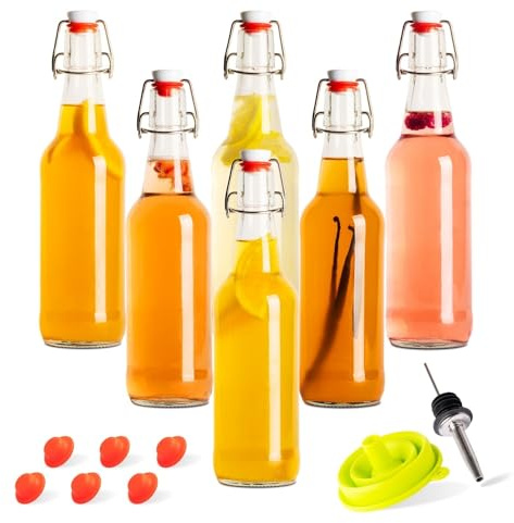 Kombucha Bottles, Swing Top Glass Brewing Bottles Bottles for Kombucha, Beer, Kiefer, Limoncillo, Vanilla - 16 oz. - Grolsch Style Bottle (6 Set) with Funnel
