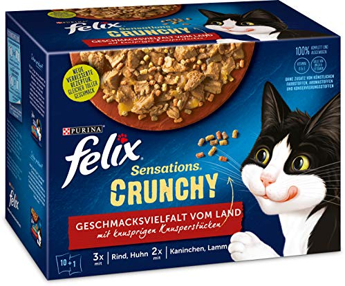 Felix Katzennassfutter Sensations Crunchy in Gelee mit Crunchy Knusperstückchen Geschmacksvielfalt vom Land , 6er Pack (6x(10x 85 g + 1x40g ))Portionsbeutel
