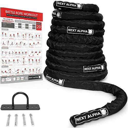 Next Alpha Battle Rope - Corde Ondulatoire - 38mm/50mm, 9m/12m/15m - Manche de Protection - Fixation Murale - Workout Instruction Poster