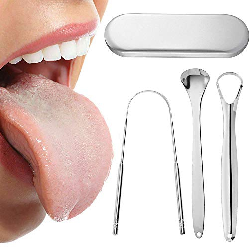 Raschietto per Lingua, 3 Pezzi Pulisci Lingua per Metallo Orale con Custodia, Set Pulisci Lingua Antiruggine per Raschiare il Respiro Fresco