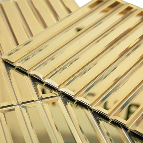 Diflart Abgeschrägte Spiegelfliesen für Küche, Goldstreifen, 30,5 x 30,5 cm, Spiegelfliesen für Badezimmer, Akzentwand, 5 Stück