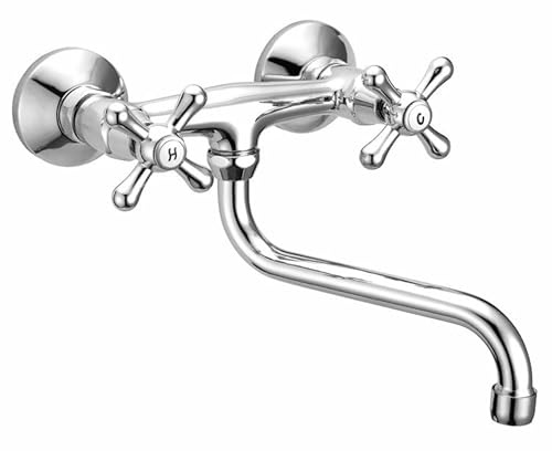 Schläfer | 3460110 - Spültisch-Zweigriffarmatur Nostalgie, Kreuzgriff Wand-Spültischbatterie für Küchenspüle, mit Schwenkbarem S-Auslauf, Küchenarmatur, Wasserhahn Waschbecken